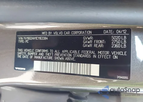 2012 Volvo S80 T6/T6 Platinum/T6 Premier Plus z USA, uszkodzony, nr VIN YV1902AH1C1163384